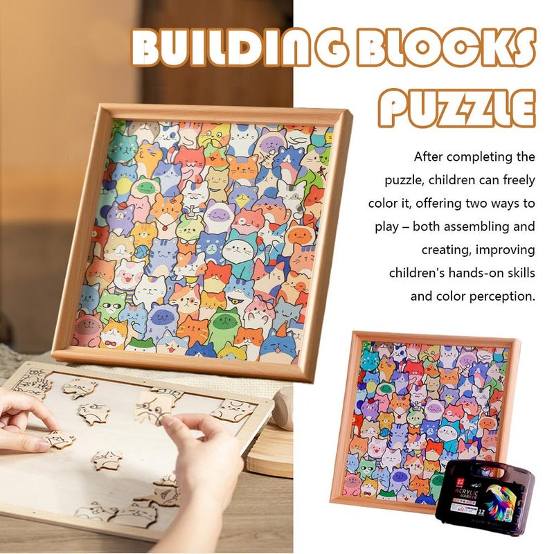 Wooden Coloring Puzzle,DIY Cat Wooden Coloring Puzzle Set ,Paintable Creative Block Puzzles with Photo Frame,Cartoon Kitten Jigsaw Puzzles for Home Decoration and Self-Made Gift - Image 5